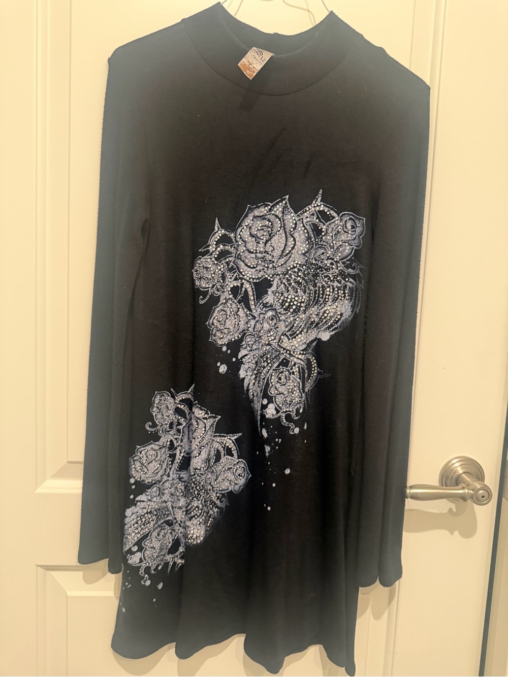 S-Twelve Black Long Sleeve Dress with Silver Floral Embellishment